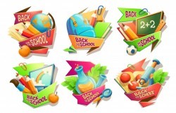 Set of vector cartoon illustrations, badges, stickers, emblems, colored icons of school supplies