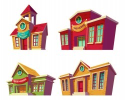 Set of vector illustrations cartoon of various color educational institutions, schools