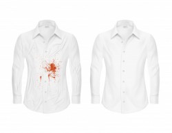 Set of vector illustrations of a white shirt with a red spot and clean, before and after a dry-c ...