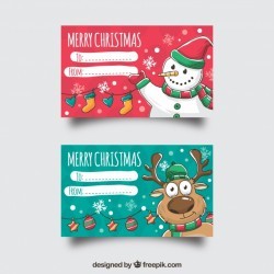 Two merry christmas cards with a snowman and a reindeer