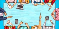 Vector pop art illustration of a man and a woman sitting at a negotiation table top view