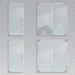 Vector realistic illustrations of a layout of an entrance glass doors with metal handles unscath ...