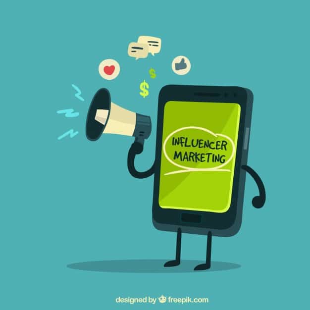 Influencer marketing vector with smartphone holding speaker