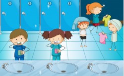 Kids brushing teeth and getting dress in locker room