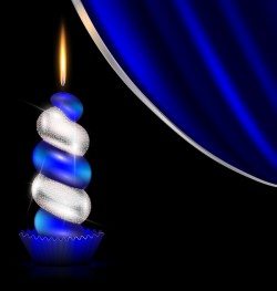 Blue with white candles and curtain background