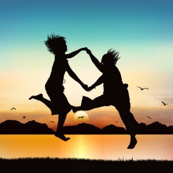 Happy girls are jumping, on silhouette art