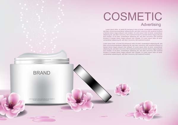 Cosmetic advertising poster with pink flower vector 05