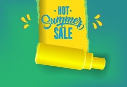 Hot summer sale promotion banner in yellow, blue and green colors