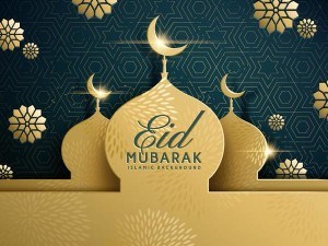 Eid mubarak dark background with golden building vector 01