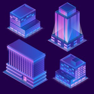 3d isometric modern buildings in cartoon style with neon illumination