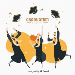 Students graduation hats in the air