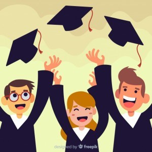 Students graduation hats in the air