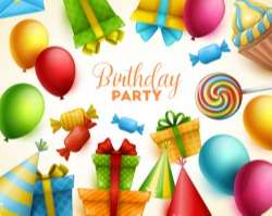 Gifts and sweets with birthday party background vector 01