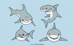 Cute white shark cartoon set
