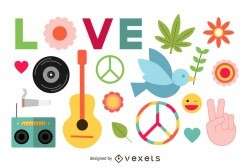 Flat hippie peace elements set
