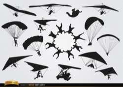 Parachutes and paragliders skydiving silhouettes