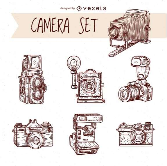 Vintage hand drawn cameras set