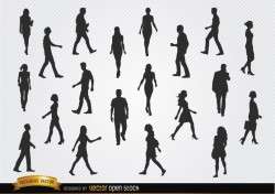 Walking people silhouettes set