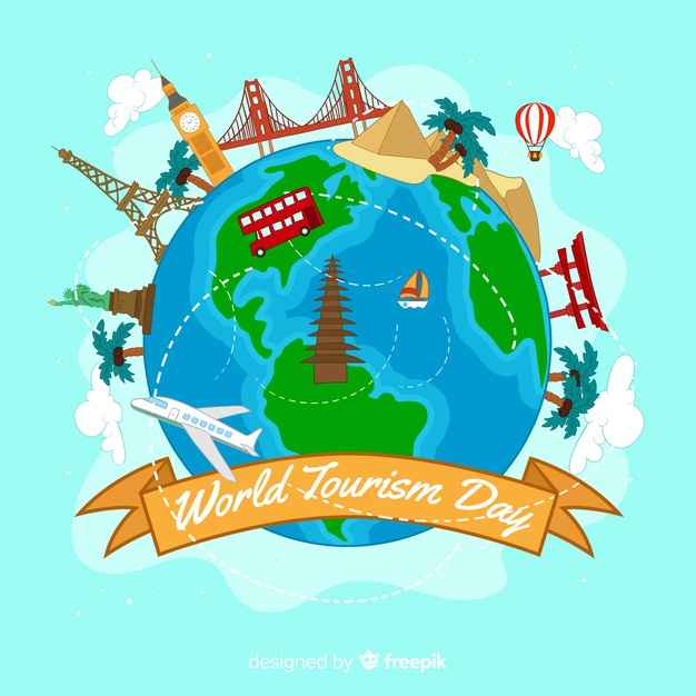 World tourism day background with landmarks and transport
