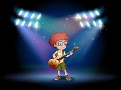 A talented teenager in the middle of the stage with a guitar