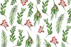 Watercolor christmas tree branches background