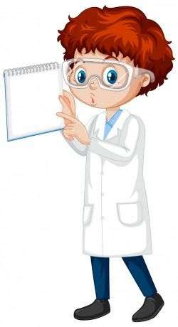 Boy in science gown with notebook on white