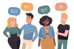 Illustration with people talking in different languages