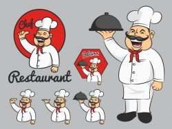 Happy chef cartoon mascot thumbs up and hold the dish
