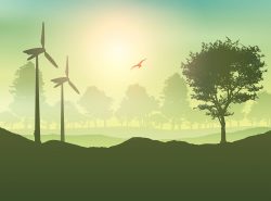 Wind turbines and tree landscape