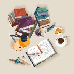 Books and coffee and other elements Book table overlooks the vector