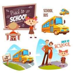 4 creative back-to-school children and school bus illustrated