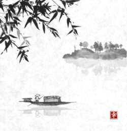 Ink painting in the boat on the river
