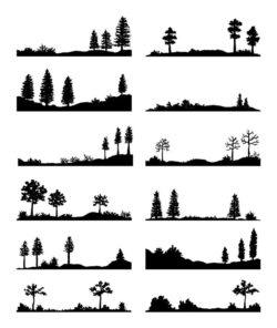 Set of hand painted forest landscape silhouettes
