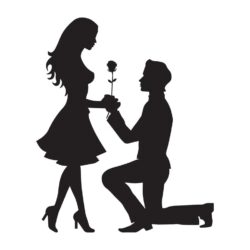 Silhouettes of a man proposing to a woman while standing on one knee