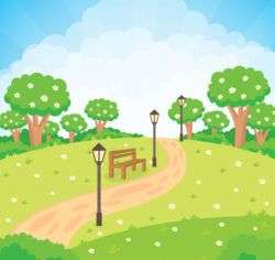Summer park paths and benches scenery